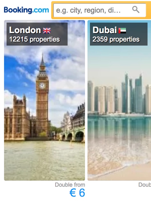 Inspiring search box showing images of London, Dubai, and Sydney