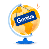 Ilustrasi sebuah glob dengan logo Genius berwarna biru 