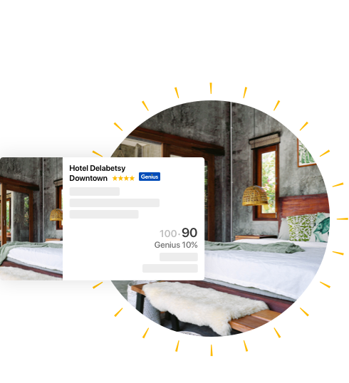 Foto de una habitación de hotel Genius con una tarjeta con precio que muestra un descuento Genius del 10%