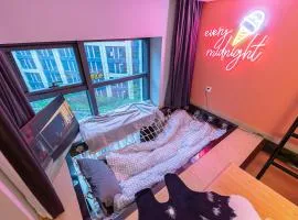 loft Apartment with slide hammock with movie viewing