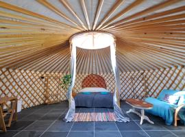 Spacious heated Yurt with Hot tub, 5 mins to beach, luxury tent in Bow Street
