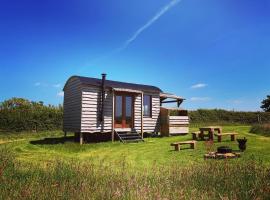 Shepherds Hut in a private meadow with sea views, campsite in Hartland