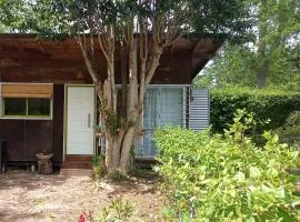 Cabaña monoambiente con pileta y jardín arbolado