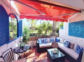 Tropical garden view with pool