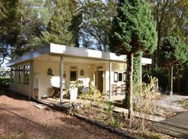 A detached bungalow with outdoor fireplace covered terrace and pond in a forest plot, hotel with parking in Wateren