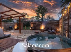 Romantic Tiny Luxury Retreat w heated pool, sauna n outdoor shower in Wimberley 10 acres, hotel con parking en Wimberley