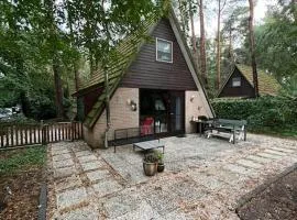 Dennenrust A-frame huisje middenin het bos.