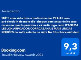 SUÍTE vista livre e pertíssima das PRAIAS IPANEMA LEBLON ARPOADOR COPACABANA e do CRISTO REDENTOR e do BONDINHO PÃO DE AÇUCAR etc com Pré Check In antes do meio-dia chegue cedo e deixe suas coisas no quarto ao lado e vá curtir logo cedo Pós Check Out idem, resort en Río de Janeiro