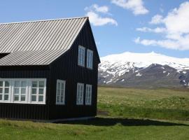 Cottage in malerischer Umgebung von Island auf einer grünen Wiese am Ende des Horizonts, holiday home in Hellnar