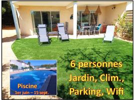 Plain-pied Jardin 6 personnes Clim Piscine Vue Mer Parking Wifi Terrasse, hotel in Saint Pierre La Mer