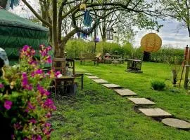 Het binnenerf yurt en keetjes