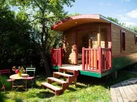 La Jolie Longère Fleurie Roulotte avec piscine et grand jardin
