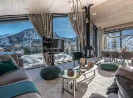 New modern chalet with skis on