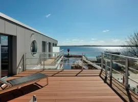 Apartment 37 "Sonnendeck", Blickrichtung von der Terrasse auf das Offenes Meer, Strand, Innenstadt