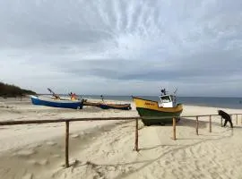 chaty, niebieskie drzwi