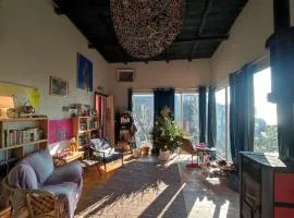 A spacious wooden loft with panoramic windows