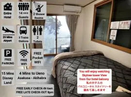 Entire Hotel Beside Asakusa, Ueno, Akihabara and Tokyo Skytree tower between 3 Train Stations and Contains 3 Bedrooms, 2 Bathrooms and 2 toilets for 14 guests
