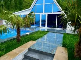 White Aframe with heated pool