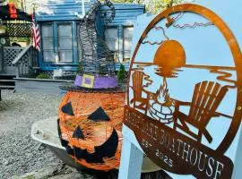 pumpkin filled tiny boat house for the fall