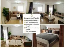 MIRABAIE Appartement Cosy Family -Sur la colline de la baie de Tanger Terrasse Piscine Garage WiFi à 8 min en voiture de CAP Malabata et la corniche animée et des prestigieux cafés restaurants lounge
