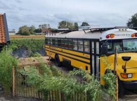 Unieke overnachting in Amerikaanse Schoolbus, hotel in Breezand