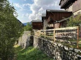 Mountain house with two barns and a garden