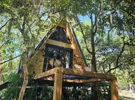 Um chalé e um riacho no meio da natureza