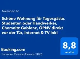 Schöne Wohnung für Tagesgäste, Studenten oder Handwerker, Chemnitz Gablenz, ÖPNV direkt vor der Tür, Internet & TV inkl