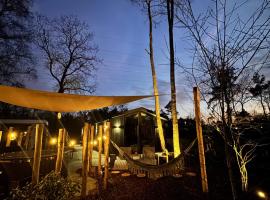 Luxe wellness cabin Japandi stijl met bosuitzicht en hottub Boshuisje Nero, hotel i Haarle