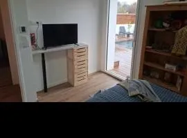 Chambre privée avec salle de bain et avec piscine