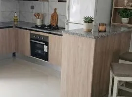 A one-bedroom apartment with a living room, kitchen, and balcony