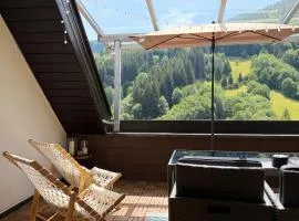 Ferienwohnung mit Ausblick Dachterrasse ideal für Paare und Hund direkt am Wanderweg 15 min zum Wasserfall und Hängebrücke