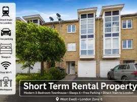 3 bed modern townhouse with self check in, sleeps 6, 35mins direct train to London Waterloo, zone 6