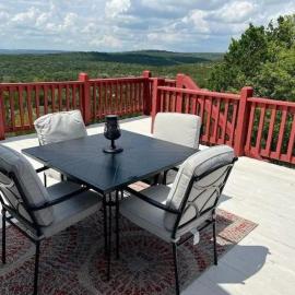 Entire 2br 2ba hilltop view home Sleeps 8 pets 4 acres Jacuzzi Central AC Kingbeds Office Free WiFi Parking Full Kitchen Refrigerator Washer Dryer Furnished Three 3 Large Sunset Dining Patios Grill Stovetop Oven Hiking Wildlife Firepit Quiet very Secluded, hotel a Marble Falls
