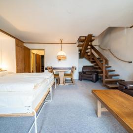 Vulpera में, होटल 6404 Geraeumige 2,5 Maisonette-Wohnung im Dachgeschoss mit Balkon und Blick auf den Inn