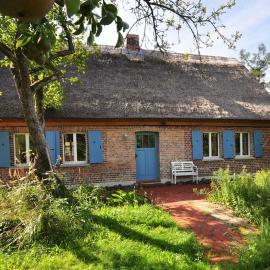 Historisches Reetdachhaus mit Bauwagen und großem Obstgarten