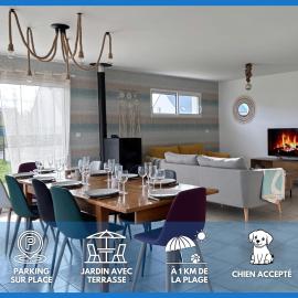 Les Voiles, maison bien équipée 10 p 2 sdb, 2 WC, spacieuse lumineuse avec jardin clos, garage, terrasse aménagée, parking privatif, à 950 m de la plage d'Asnelles et tous commerces, près de Bayeux et Arromanches, chiens bienvenus