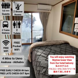 Entire Hotel Beside Asakusa, Ueno, Akihabara and Tokyo Skytree tower between 3 Train Stations and Contains 3 Bedrooms, 2 Bathrooms and 2 toilets for 14 guests