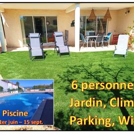Plain-pied Jardin 6 personnes Clim Vue Mer Parking Wifi Terrasse Piscine dans la résidence, hotel in Saint Pierre La Mer