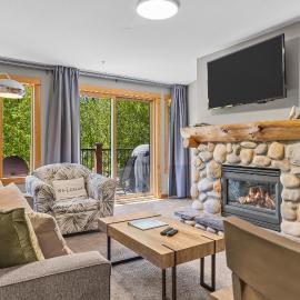 Creekside Condo Steps from Main Street Mountain Views Fireplace