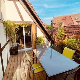 Joli 2 pièces, avec climatisation et grande terrasse, vue sur les toits, zone piétonne, hotel in Haguenau