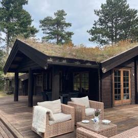 Norwegian Log Cabin Among Heather And Pine Trees
