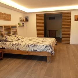 Bas de villa proche plage raisins clairs dans jardin luxuriant