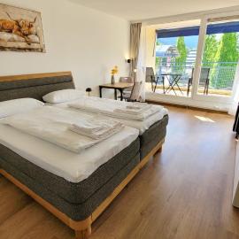 Helles Zimmer mit Balkon und Blick in den Kurpark