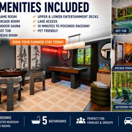 Large Group Friendly 2 Game Rooms Indoor Sauna Hot Tub 10 minutes to Poconos Raceway