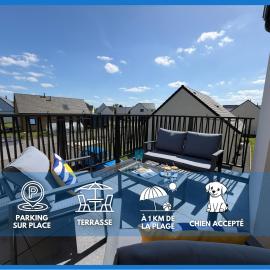 Goeland apt confortable avec belle terrasse vue dégagée 3 chambres parking privatif à 900 m de la plage et tous commerces près de Bayeux sur plages du débarquement