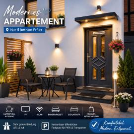 Modernes Appartement nur 5 km von Erfurt, stilvoll komfortabel und perfekt angebunden, Kaffeevollautomat, TV, WLAN, Schlafsofa und Einkaufsmöglichkeiten in der Nähe, hervorragende Anbindung zur A4 und A71, kostenlose öff Parkplätze für PKW und Transporter