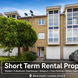 3 bed modern townhouse with self check in, sleeps 6, 35mins direct train to London Waterloo, zone 6