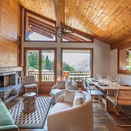 Panoramic view, pool, village & ski slopes