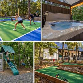Hot Tub, Pickleball, Mini Golf, Movie Theater, Firepit, Arcade Games, Basketball, Kids Playset